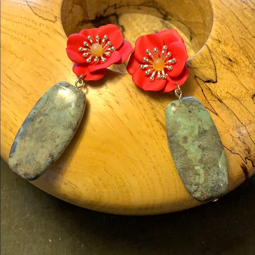 Anthropologie earrings red flower and stone/marble